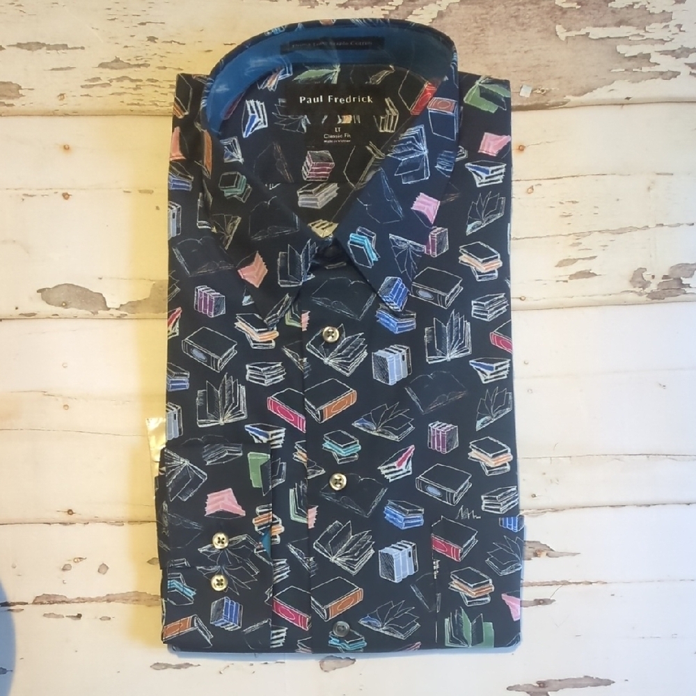 Paul Fredrick Black Shirt with Colorful Book Pattern